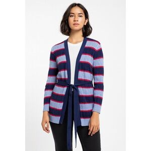 Lands End Belted‎ Cardigan Sweater Sz L Cotton Blue Red Nautical Preppy Pockets